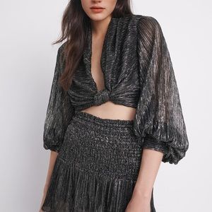 Zara Knotted Silver Metallic Thread Cropped Long Sleeve Blouse NWT